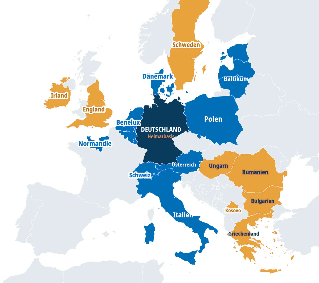 Mapa Europy agaSAAT: baza w Niemczech, regiony sprzedaży i rozwoju